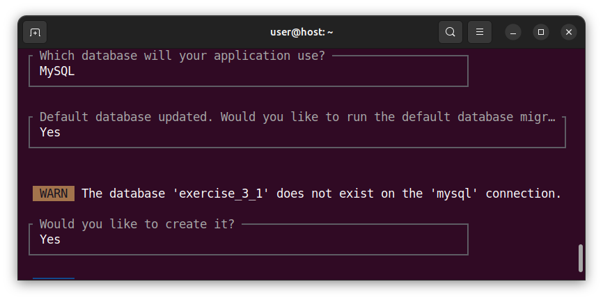 Terminal window showing the MySQL options when creating a Laravel project.