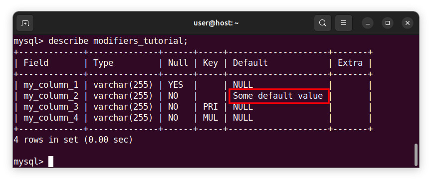 A table column after applying the default() modifier in Laravel