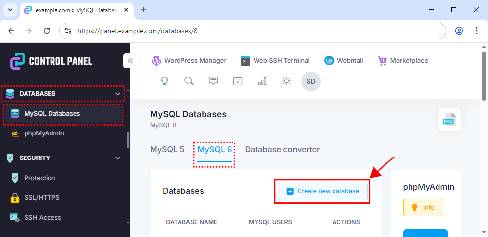 Creating a database in the web hosting control panel.