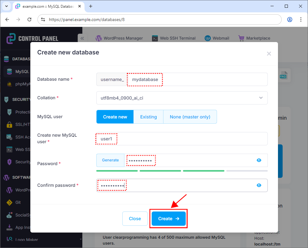 Creating a database and a user.