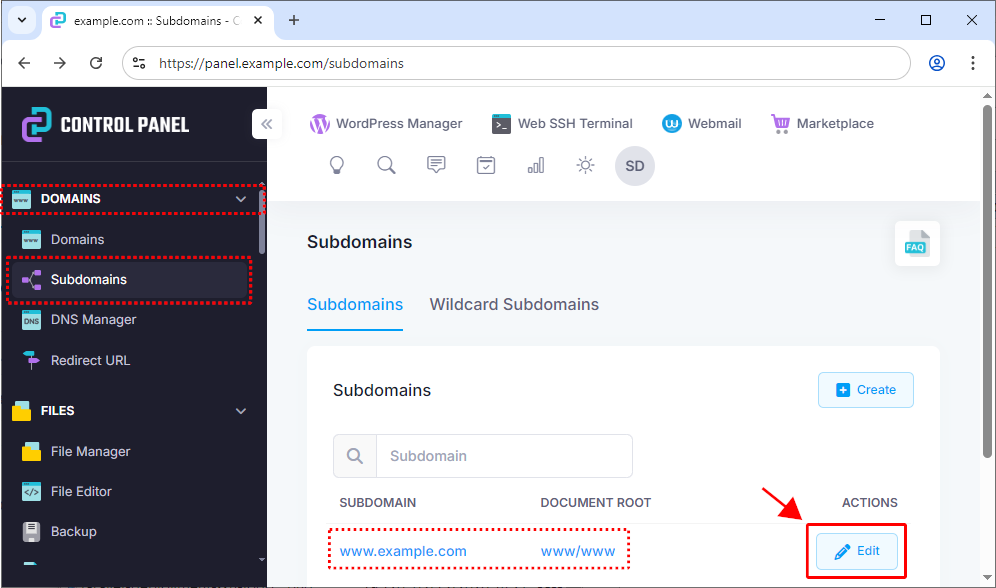 Setting the website's custom document root in the control panel.