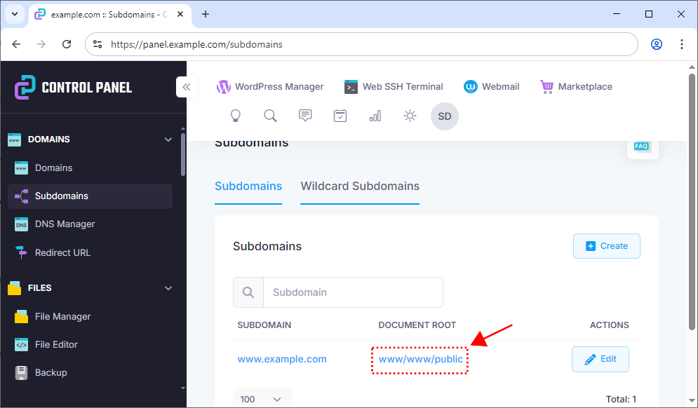 The website's custom document root is now the www/www/public folder.