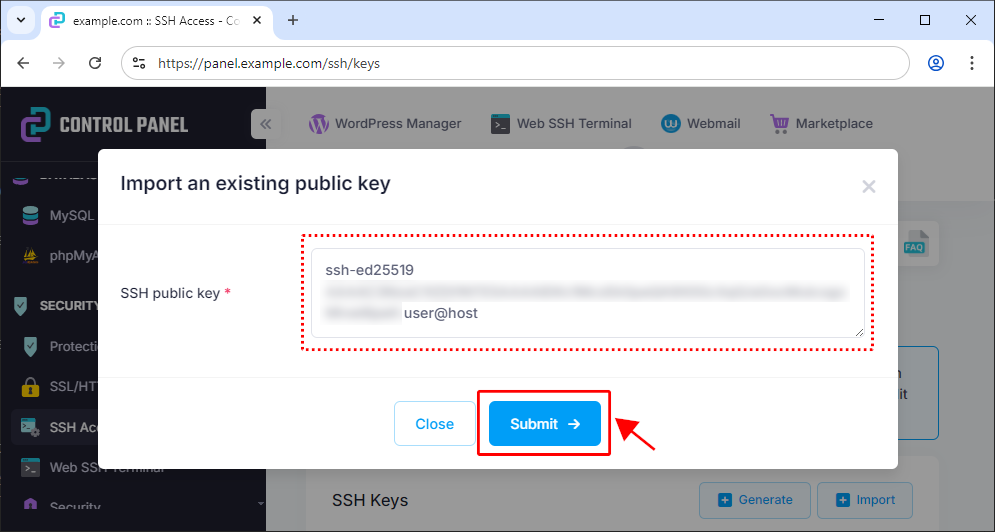 Importing the content of the public SSH key.