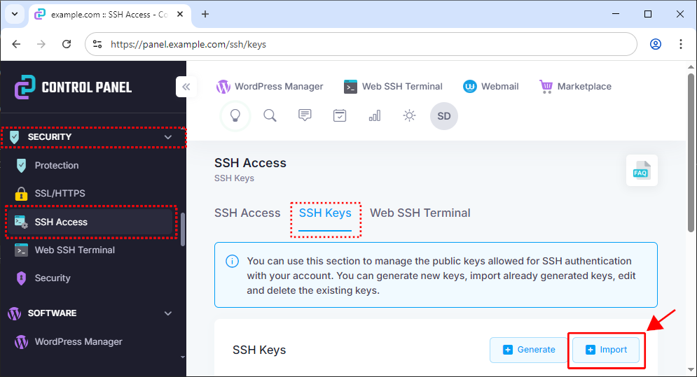 Using web hosting control panel to import the generated SSH key.