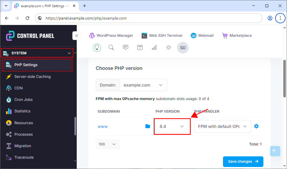 Setting the PHP version for the main site.