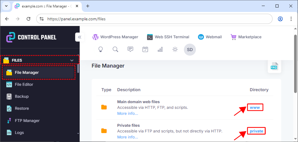 Public and private folders on the remote server.
