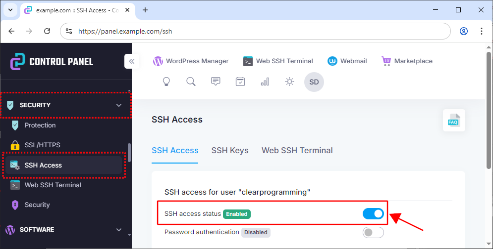 Enabling SSH access in the web hosting provider's control panel.