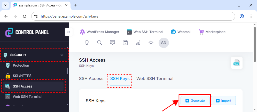 Generating private/public SSH keys using the web hosting provider's control panel.