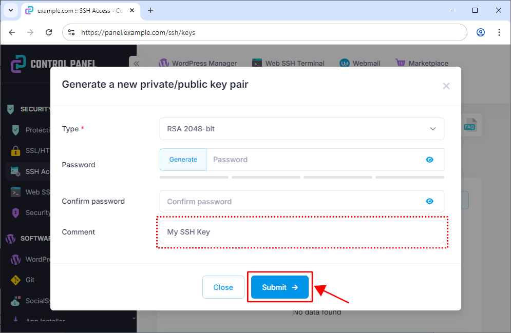 Generating the private/public key pair in the control panel.