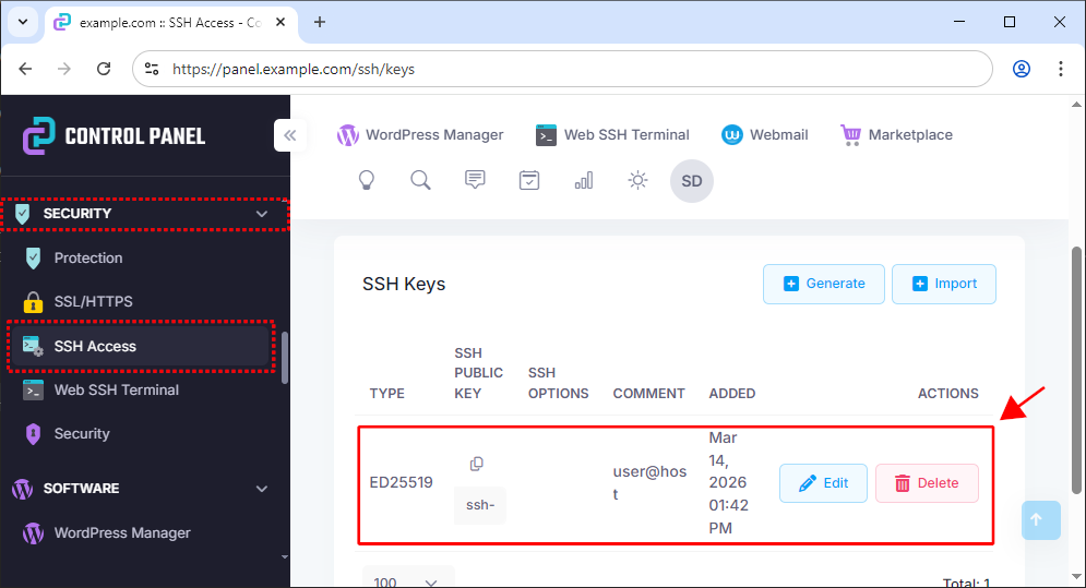 The newly imported ssh public key listing.
