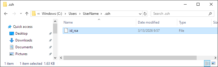 Placing the private key in the .ssh folder on Windows.