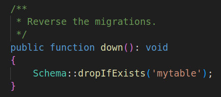 The code that drops the table in a Laravel migration file