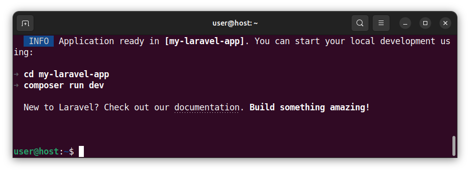 Laravel installer - application created info message