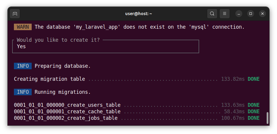 Laravel installer - creating a database and several tables.