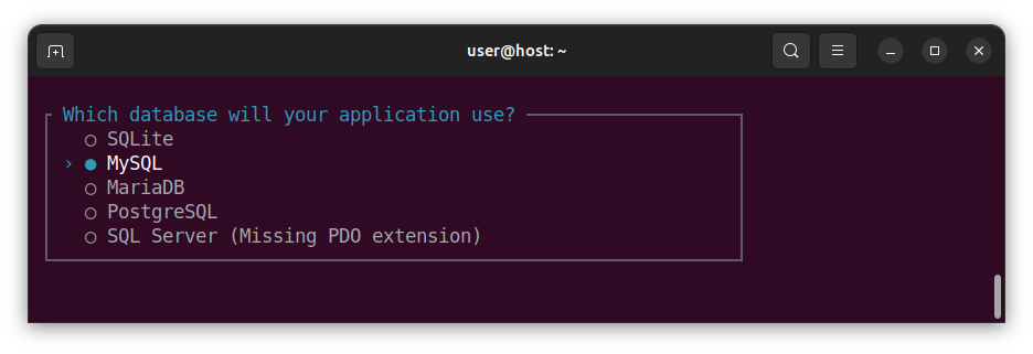 Laravel installer - the database choice dialog during the creation of a Laravel project.