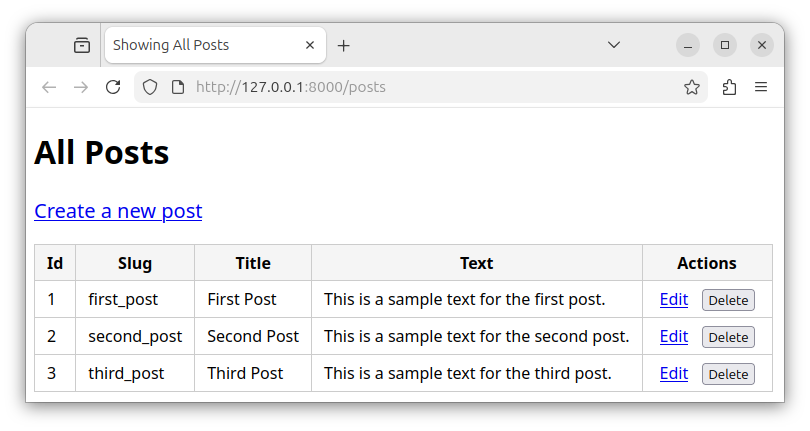Laravel page showing multiple records with the Edit and Delete options for every record.