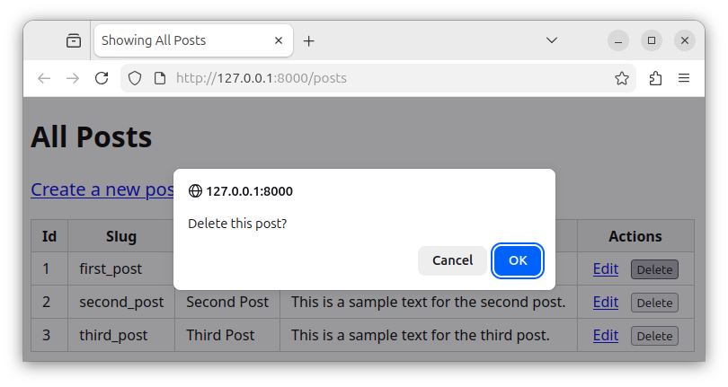 The confirmation dialog displayed prior to deleting a record.