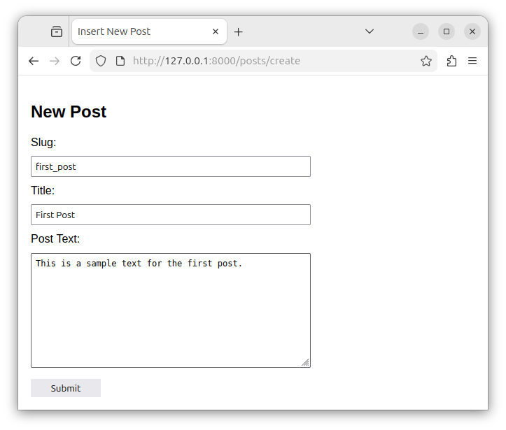 Inserting the sample data for the first post.