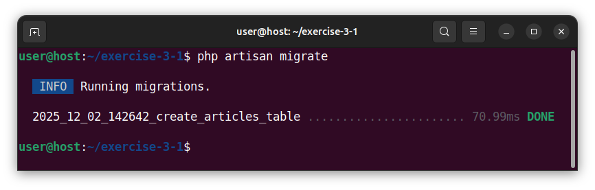 Running a migration that creates the articles table.