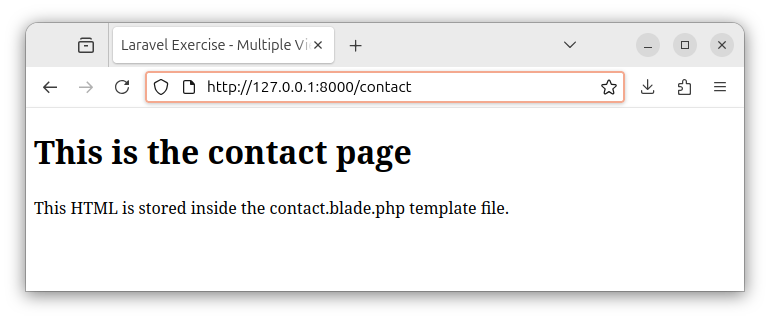 The about route showing the HTML content from a Laravel template file