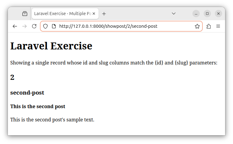 Browser showing a single record fetched by id and slug columns using route parameters.