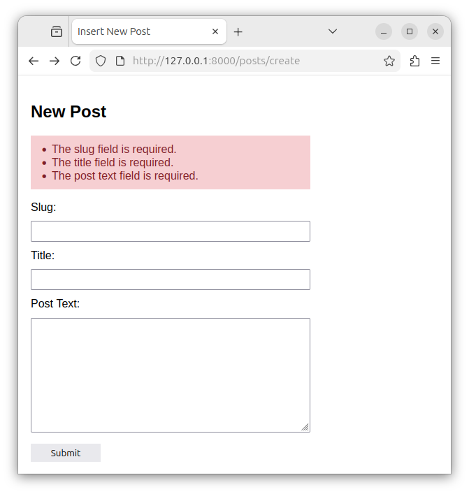 Laravel route showing a page with the validation errors.