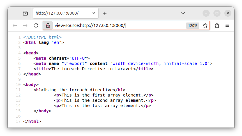 The HTML source code that shows the output of a foreach directive in Laravel.