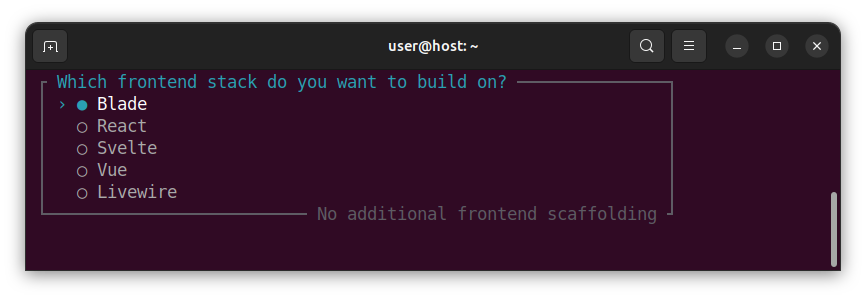 Laravel frontend stack dialog with various options, including the default Blade templating engine.