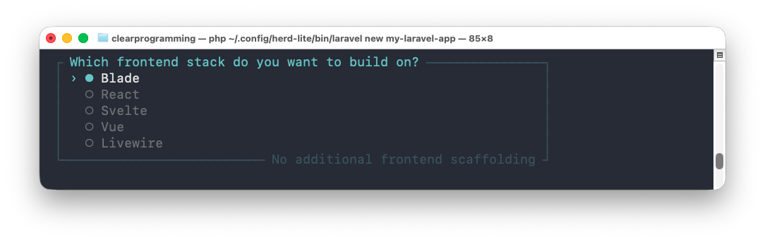 A Terminal app showing the Laravel's frontend stack dialog.