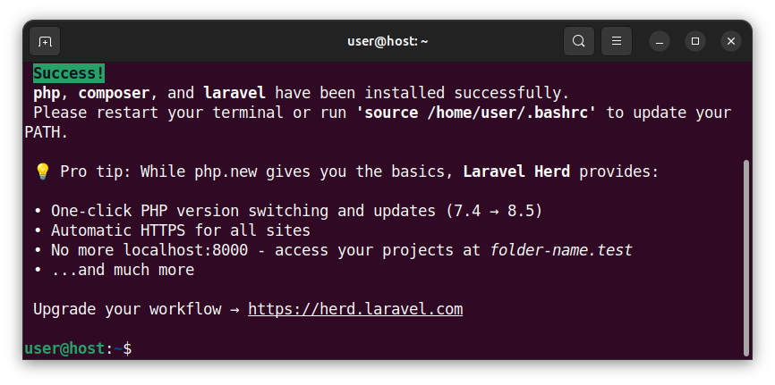 A message in the terminal window informing us that the Laravel installation was successful.