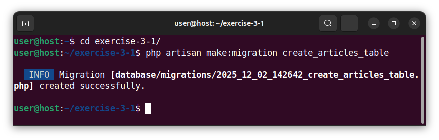 Creating a migration file in a terminal.