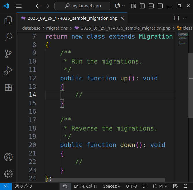 Laravel migration class with up() and down() functions