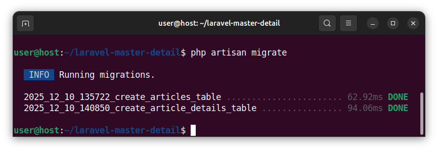 Running the migrations that create the master and the detail tables.