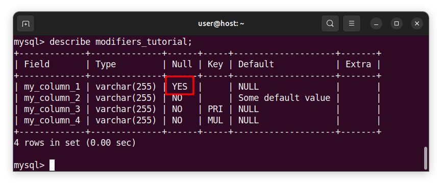 Table columns after applying a nullable() modifier to a column in  Laravel