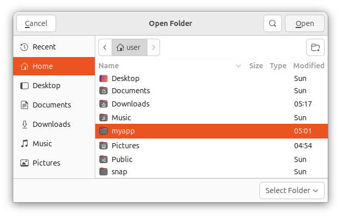 The Open folder dialog in Visual Studio Code