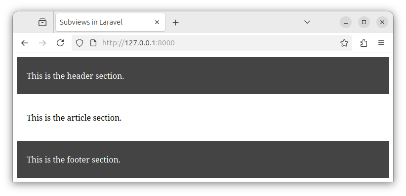 Rendered web page using multiple subviews in Laravel