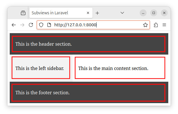 A web page with multiple sections where each section is stored in a separate subview in Laravel.