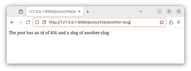 Accessing a multi parameter route in a web browser and providing different values for the id and slug parameters.