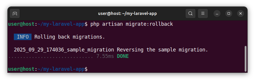 Rolling back the last migration in Laravel