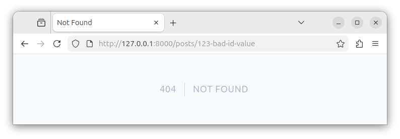 Browser showing the 404 response for a route with an id that does not match the constraint.