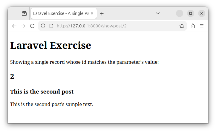 Showing a single record whose id column matches the parameter value in a Laravel route.
