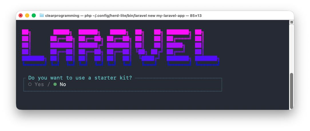 A Terminal window showing the Laravel starter kit dialog.