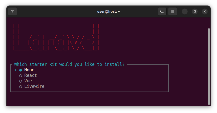 Laravel starter kit installation dialog
