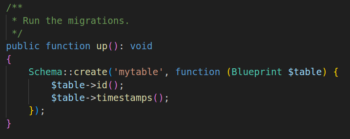 The code that defines a table in a Laravel migration file