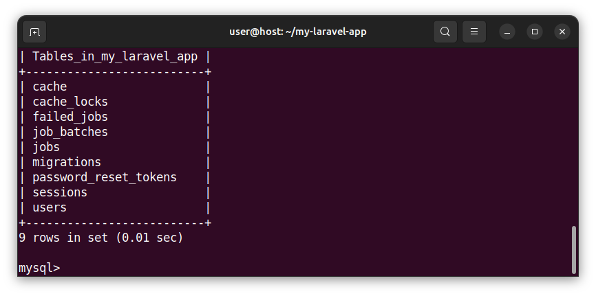 The database tables listing after dropping the mytable table