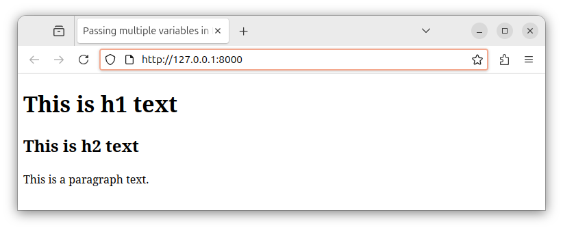 A browser displaying the HTML code from a template with three variables
