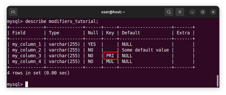 A table column after applying the unique() modifier in Laravel