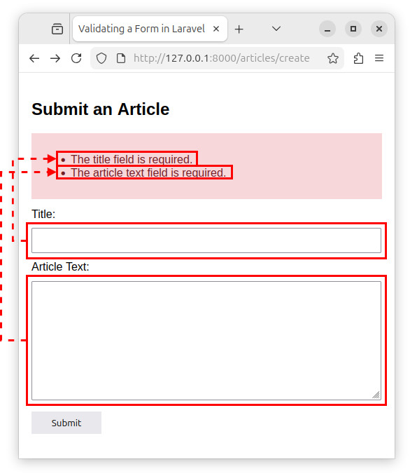 Validation errors in a Laravel app.