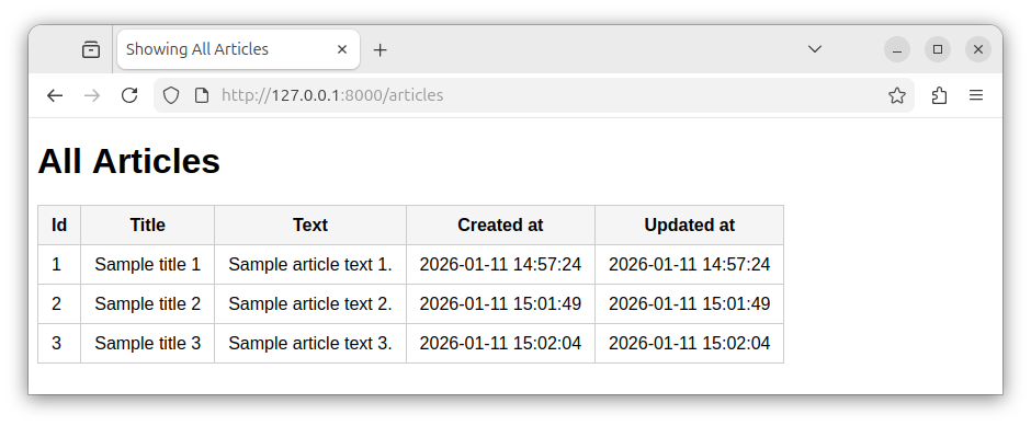 Web page showing all the records from a table in Laravel.