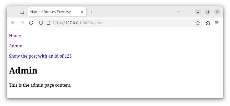 Displaying the web page for an admin route.